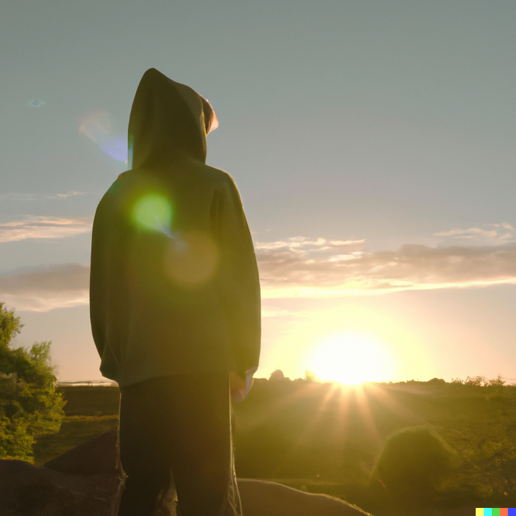 DALL·E-2022-10-05-14.43.43-a-young-boy-in-a-dirty-clothes-on-a-hilltop-watching-the-sunset-beautiful-atmosphere-epic-cinematic-4k