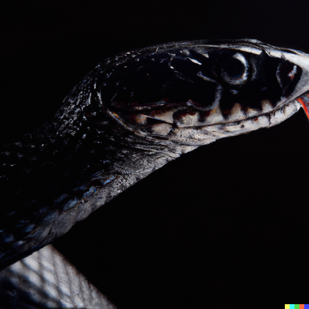 DALL·E-2022-10-05-15.09.33-a-portrait-of-a-snake-black-with-reaction-diffusion-pattern-medium-shot-side-lighting-studio-light-