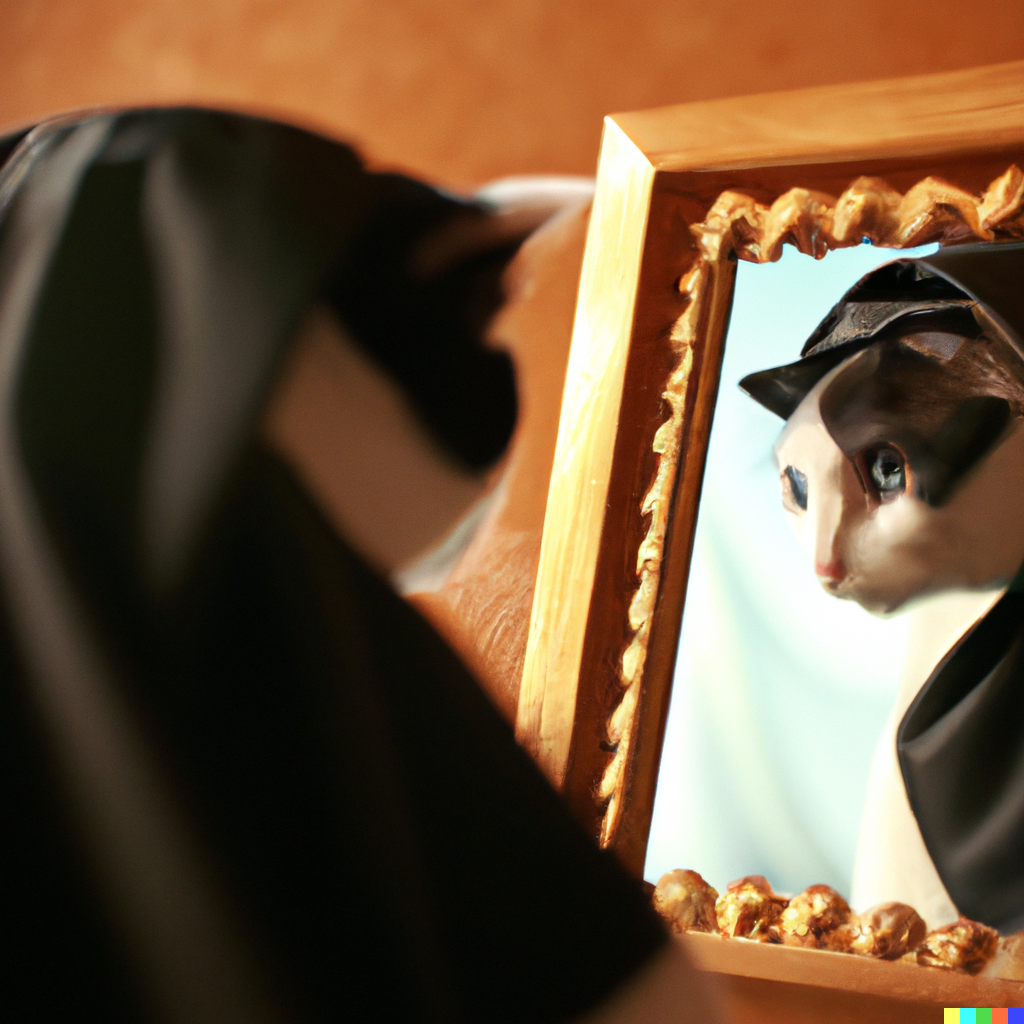DALL·E-2022-10-05-15.11.00-over-the-shoulder-shot-of-a-cat-dressed-as-a-nun-look-in-a-mirror-side-lighting-