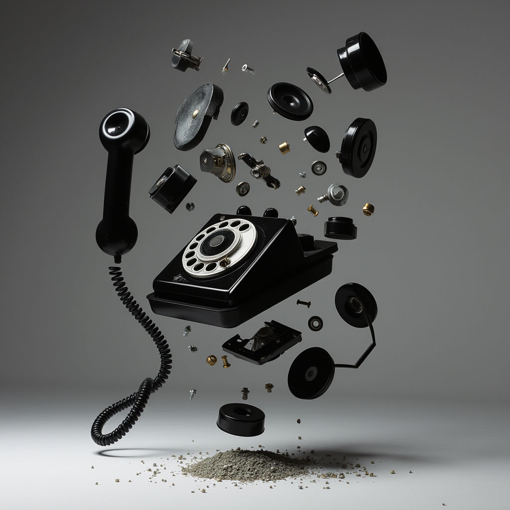 the_image_depicts_a_composition_of_parts_of_a_black_vintage_telephone_which_appears_disassembled_an_e2hbilwbb5p2q32qsbls_1