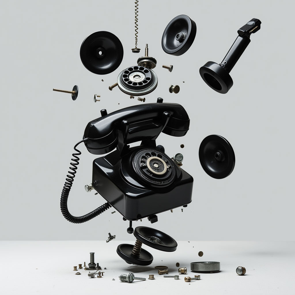 the_image_depicts_a_composition_of_parts_of_a_black_vintage_telephone_which_appears_disassembled_an_si8s9uotpqnseeg2pw1w_0