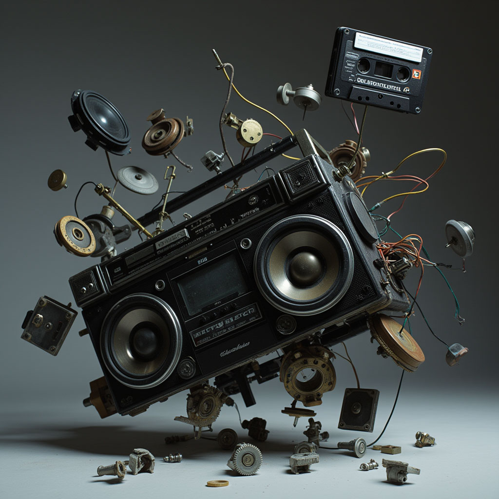 the_image_depicts_a_composition_of_parts_of_a_boombox_or_ghetto_blaster_which_appears_completely_di_av025d3r2fjup3ijhgnw_3