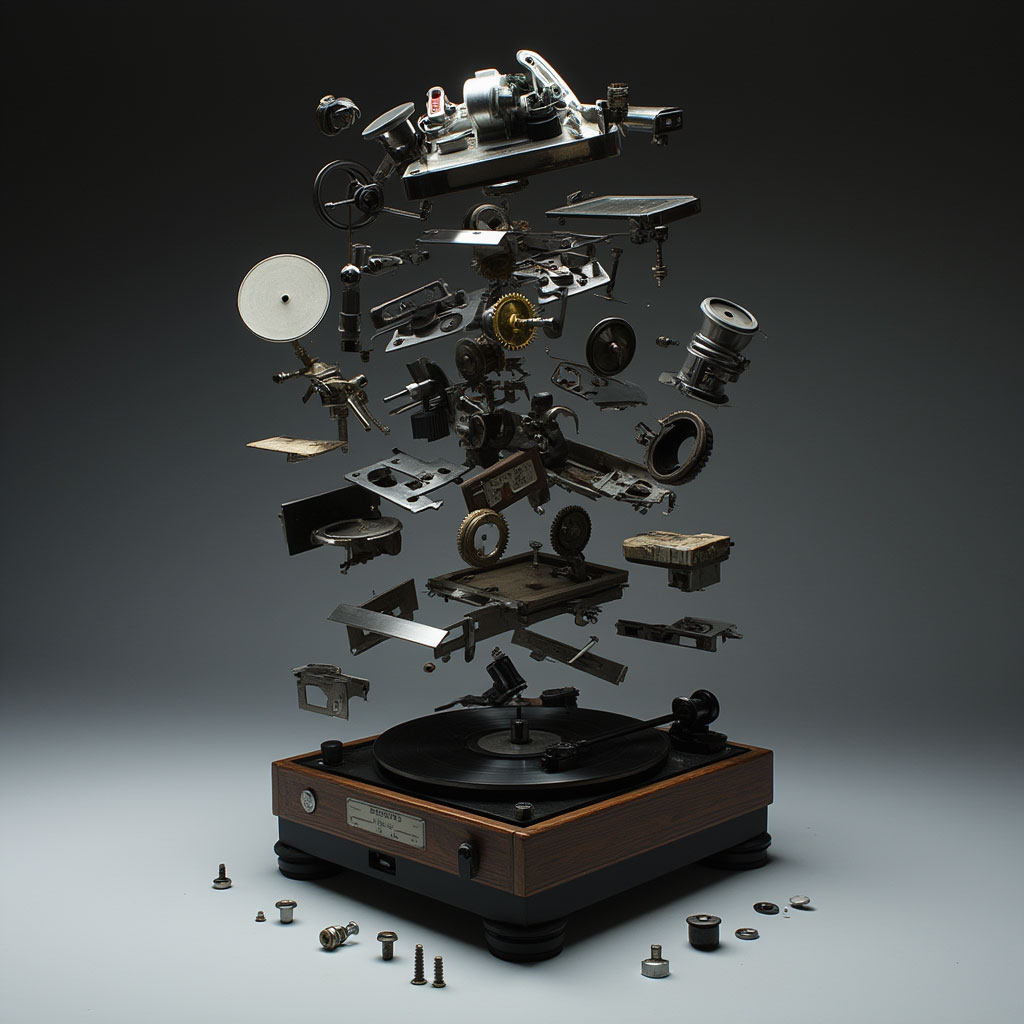 the_image_depicts_a_composition_of_parts_of_a_vintage_turntable_which_appears_disassembled_and_susp_1b3wvmik0w6h057fpl3m_1