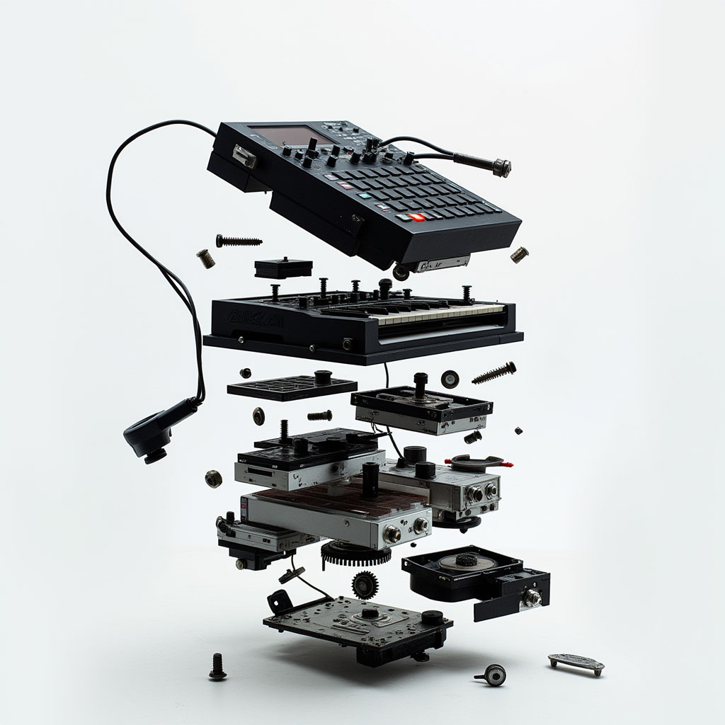 the_image_depicts_a_composition_of_parts_of_an_akai_mpc_sampler_which_appears_completely_disassembl_qjseykhhmsxqtjsiw2ee_0